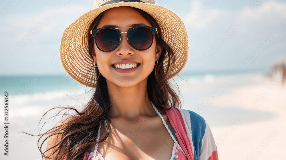 Happy young woman at the beach side, wearing a straw sun hat, sunglasses, bikini and pareo, portrait of woman in sunny summer day with blue sky, concept of a summer holiday Happy young woman at the beach side, wearing a straw sun hat, sunglasses, bikini and pareo, portrait of woman in sunny summer day with blue sky, concept of a summer holiday