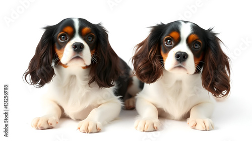 two cavalier king charles spaniel dogs on white