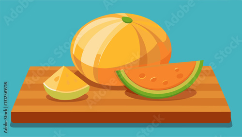 Sweet and fragrant cantaloupe melon paired with tangy and sharp cheddar cheese on a wooden board showcasing the perfect balance of flavors and. Vector illustration