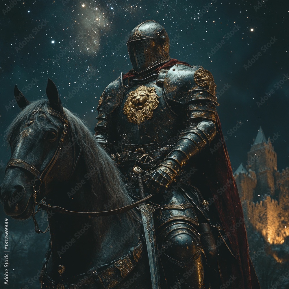 Fototapeta premium Majestic knight, dark armor, lion emblem, snowy night.