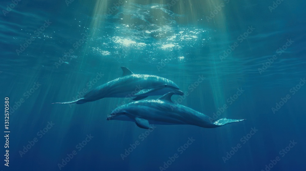 Fototapeta premium Two Dolphins Swimming Underwater in Sunlight
