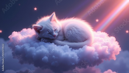 A fluffy kitten sleeps peacefully on a floating cloud in a dreamy sky.