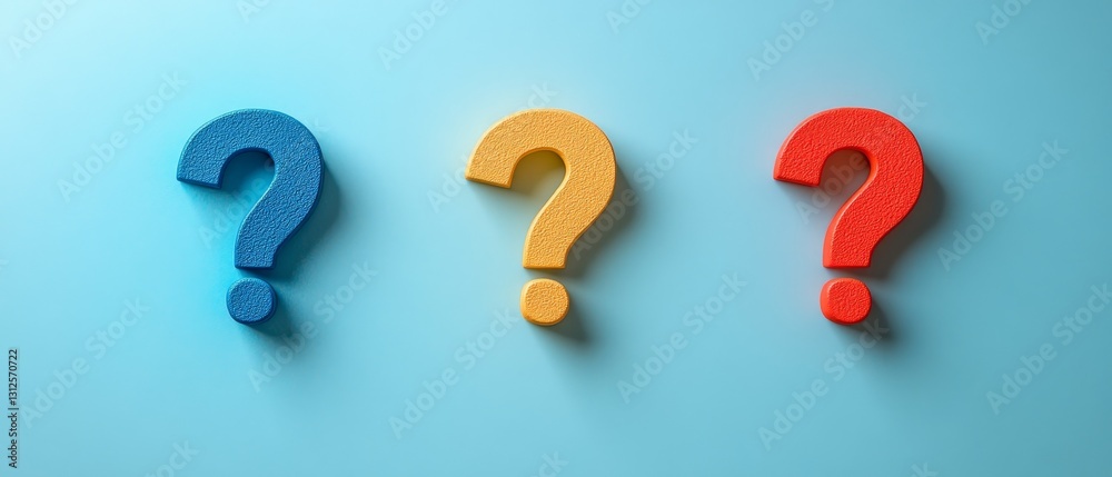 Three red, yellow and blue questions are shown on a blue background Three red, yellow and blue questions are shown on a blue background