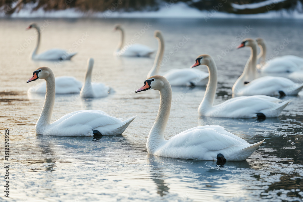Graceful Swans on Icy Water:A serene gathering of majestic swans floats gracefully on a calm body of water, their pristine white plumage contrasting subtly with the cold hues of the icy environment. Graceful Swans on Icy Water:A serene gathering of majestic swans floats gracefully on a calm body of water, their pristine white plumage contrasting subtly with the cold hues of the icy environment.