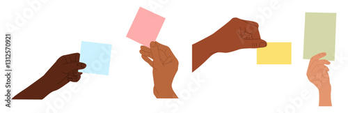 Different hands holding multicolor sticky notes. Multiracial hands with blank peace of papers. Flat vector illustrations isolated on transparent background