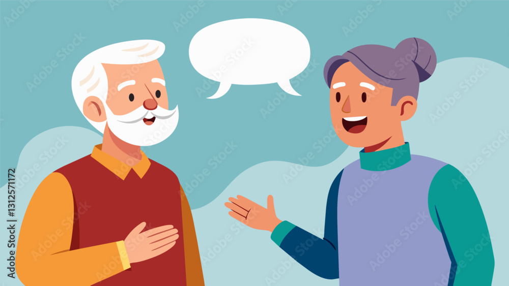 An elderly man confidently chatting with a native speaker impressing them with his newfound language skills.. Vector illustration An elderly man confidently chatting with a native speaker impressing them with his newfound language skills.. Vector illustration