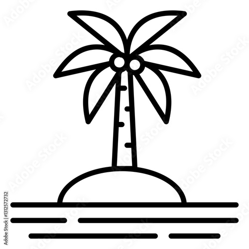 Minimalist outline icon of a tropical island with a palm tree, symbolizing summer vacations, beach holidays, and exotic getaways. Perfect for themes related to relaxation, travel, and paradise