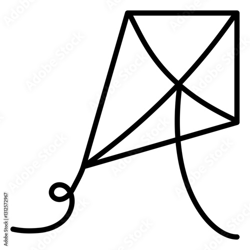 Minimalist outline icon of a kite with a tail, representing summer, outdoor fun, childhood, wind, and leisure activities.