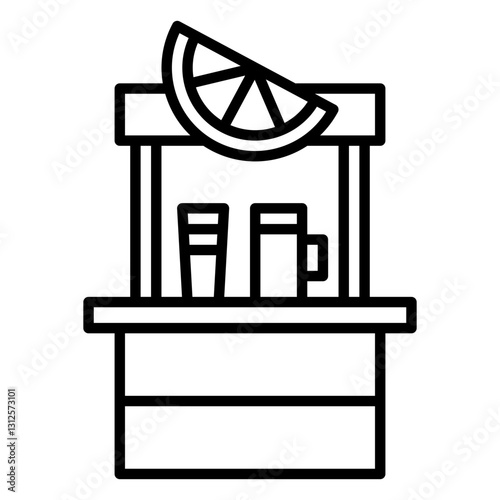 Minimalist outline icon of a juice or lemonade stand with drinks, symbolizing summer, refreshment, and street beverages.