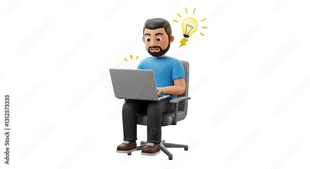 Man Working on Laptop with an Idea Lightbulb Cartoon Illustration Man Working on Laptop with an Idea Lightbulb Cartoon Illustration