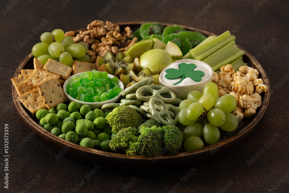 St Patricks day charcuterie board, shamrock and party decorations on brown background. Festive holiday appetizer for celebration. Close up.