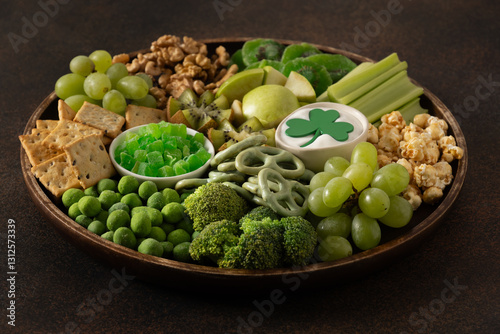 Obraz na płótnie St Patricks day charcuterie board, shamrock and party decorations on brown background. Festive holiday appetizer for celebration. Close up. w salonie