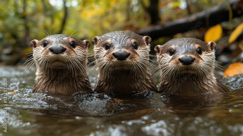 Three otters peek from river water, curious. Three otters peek from river water, curious.