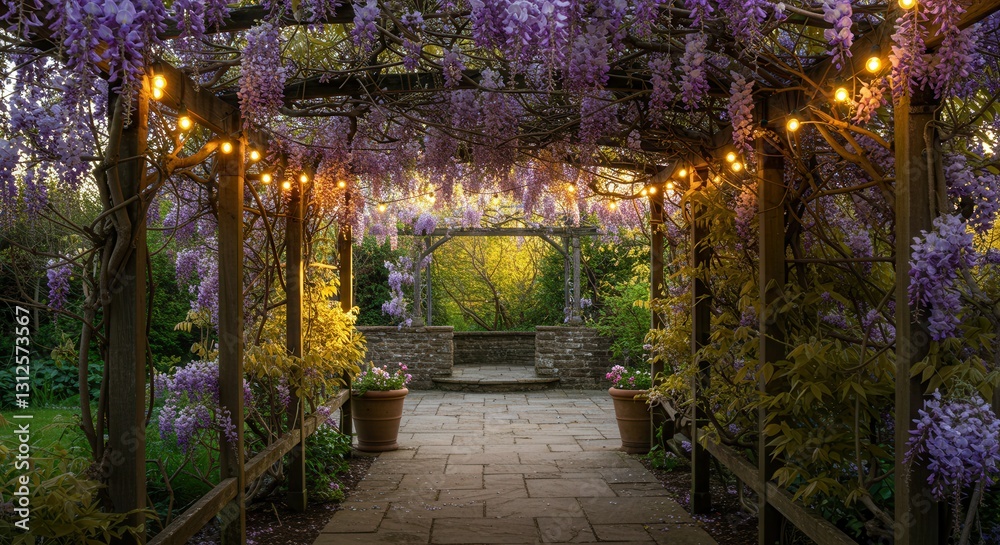 Fototapeta premium Walking Through Wisteria Covered Pergola with Lights and Stone Path