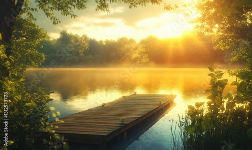Serene lakeside scene glowing under golden sunlight, featuring a peaceful dock surrounded by lush greenery for a tranquil retreat