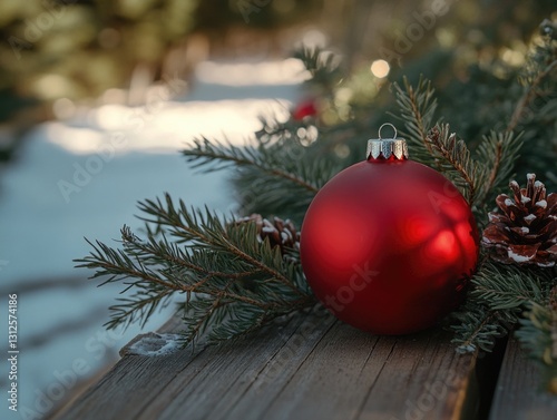 Red Ornament on Wooden Table
