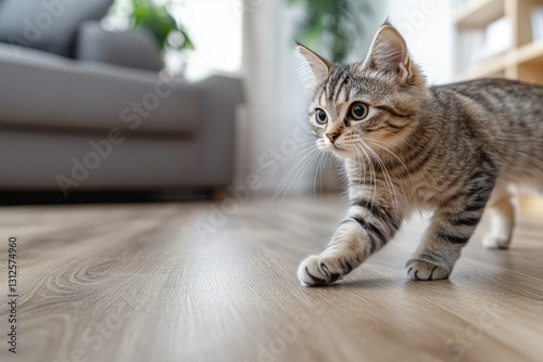 A curious cat walks gracefully across the smooth wooden floor in a comfortably furnished apartment while enjoying the warm afternoon light