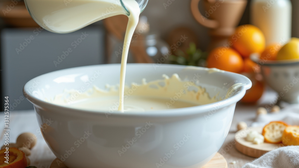 A photo showcasing the process of cooking with milk pouring into a white bowl on a tabletop. A photo showcasing the process of cooking with milk pouring into a white bowl on a tabletop.