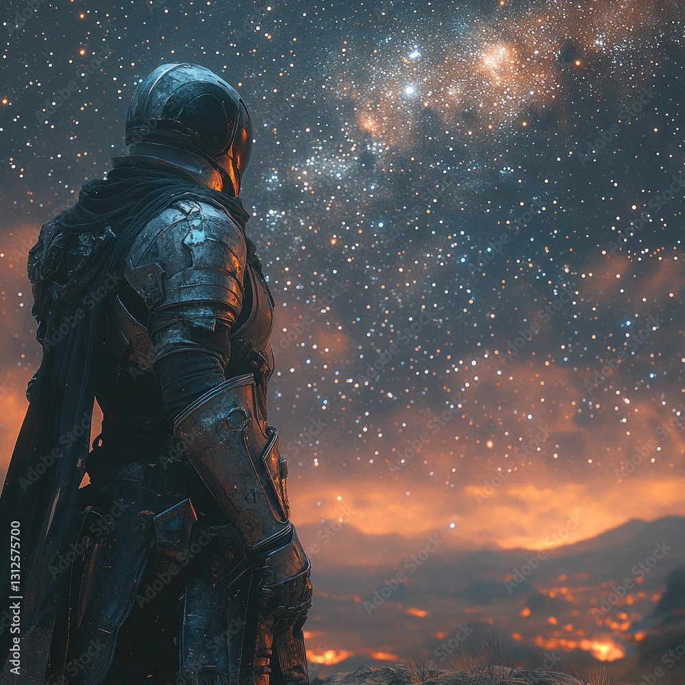 Fototapeta premium Knight gazes at breathtaking starry night sky