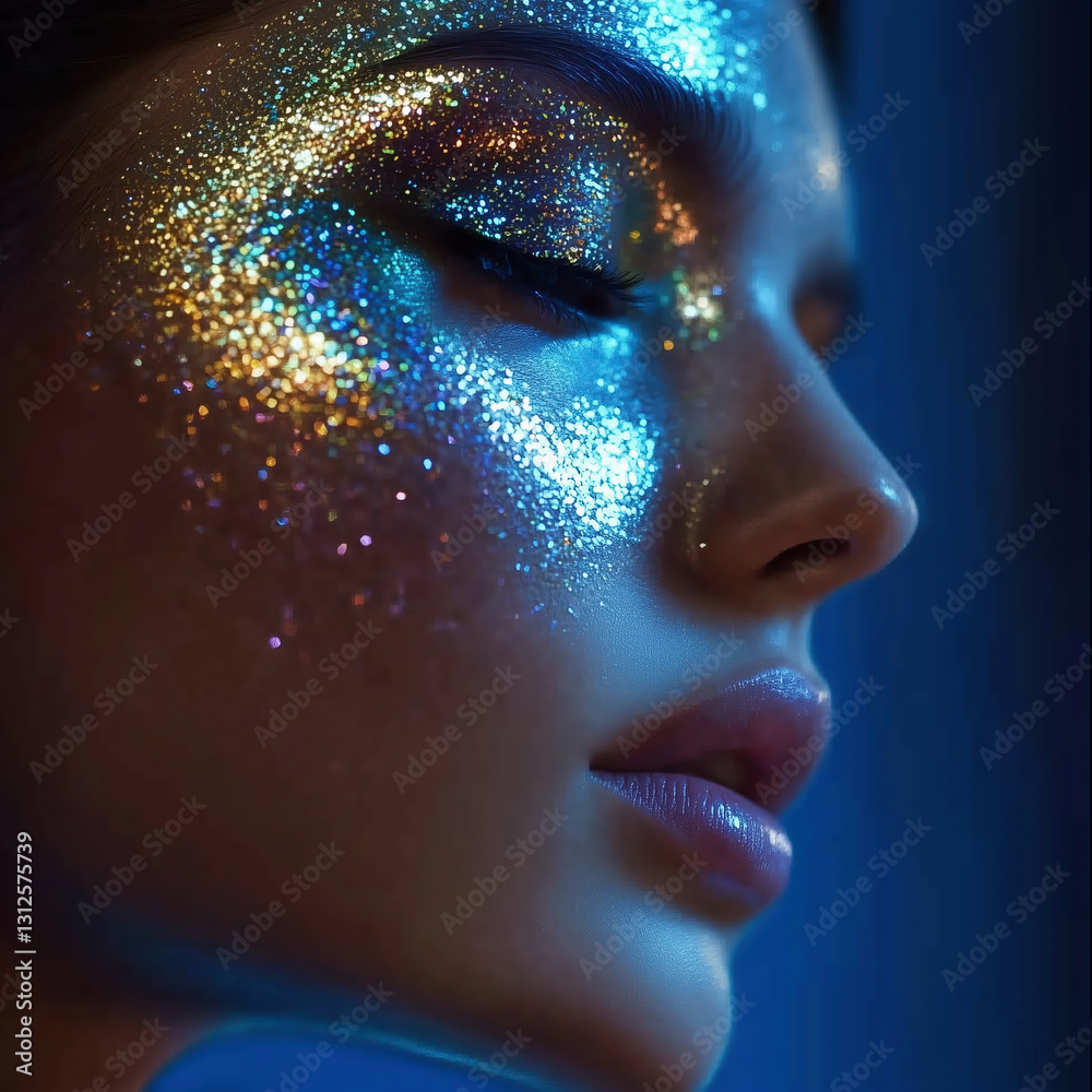 Fototapeta premium Close-up of a model with dazzling metallic makeup, glittering blue and gold eyeshadow, and a futuristic beauty look under neon lighting.