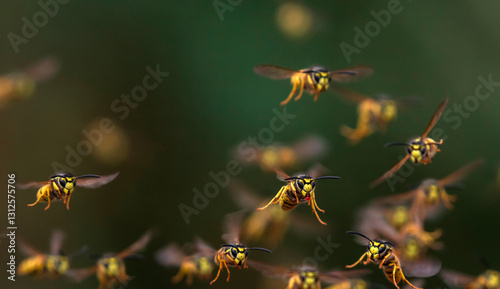 Fototapeta Naklejka Na Ścianę i Meble -  striped and dangerous insects wasps fly in a swarm in the garden on a green background