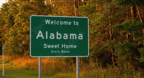 Welcome to Alabama Roadside Sign Among Trees at Golden Hour