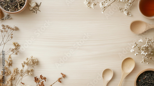 Flat lay view of various tea leaves, dried flowers, and wooden spoons on a light wooden table with a empty center.