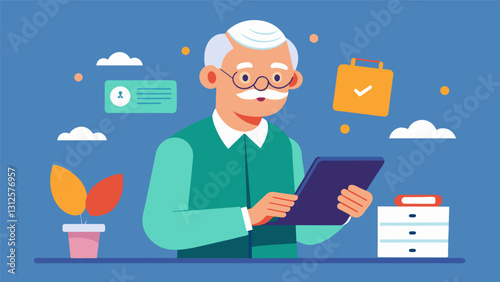 An elderly man confidently swiping through his tablet demonstrating to his class how he can now read and respond to emails from his children and grandchildren.. Vector illustration