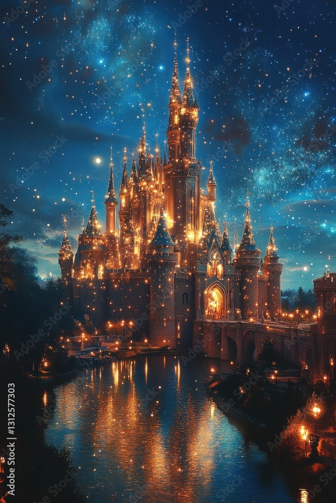 Fototapeta premium Illuminated castle reflects on calm night water.