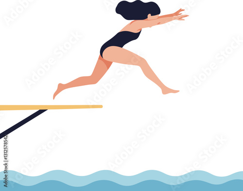 Woman diving off a platform into clear blue water in a flat style vector illustration showcasing athleticism and joy in an outdoor setting