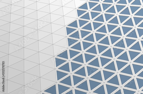Modern Architectural Facade with Geometric Triangular Grid Pattern – 3D Rendering of Futuristic Building Structure