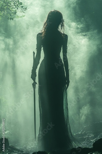 Mysterious warrior woman stands misty forest.