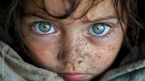 Wallpaper Mural Young refugee child with dirt-covered face expressing fear and sadness in their eyes Torontodigital.ca