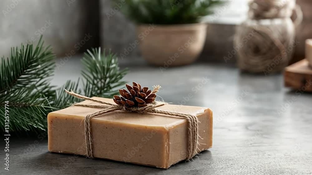 Rustic handmade soap wrapped with twine and pinecone, set against a cozy background with greenery Rustic handmade soap wrapped with twine and pinecone, set against a cozy background with greenery