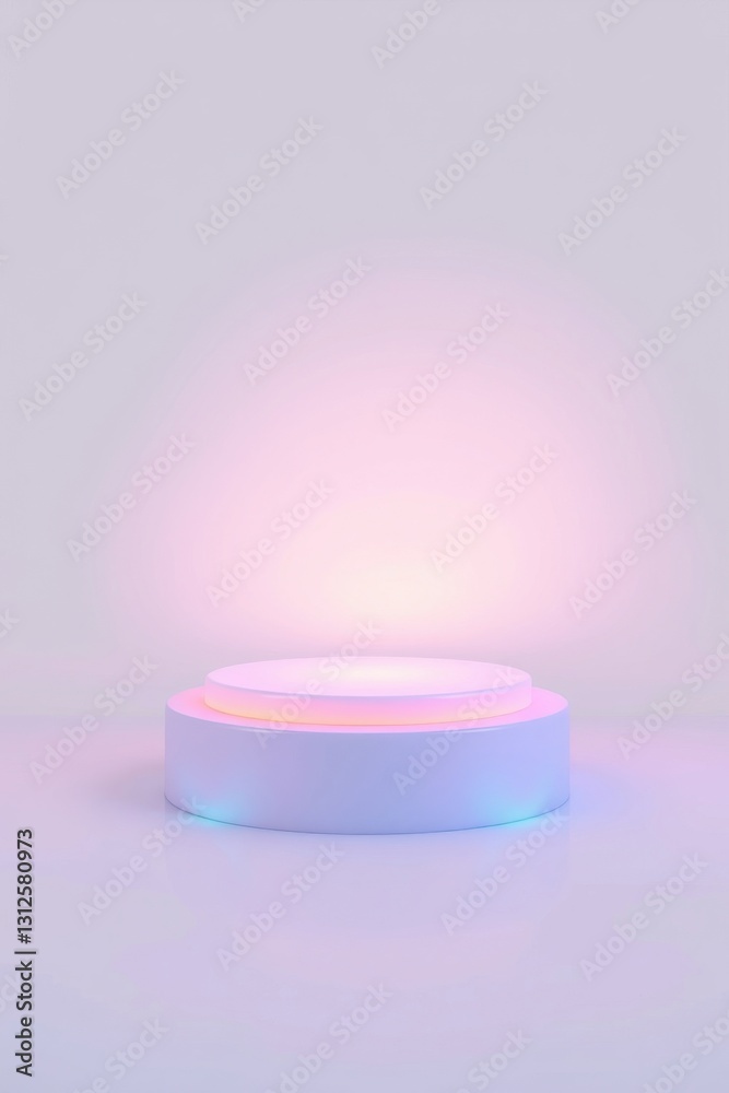 The setting features a circular white display platform illuminated with gentle purple light, creating a serene ambiance ideal for product presentation or artistic displays The setting features a circular white display platform illuminated with gentle purple light, creating a serene ambiance ideal for product presentation or artistic displays