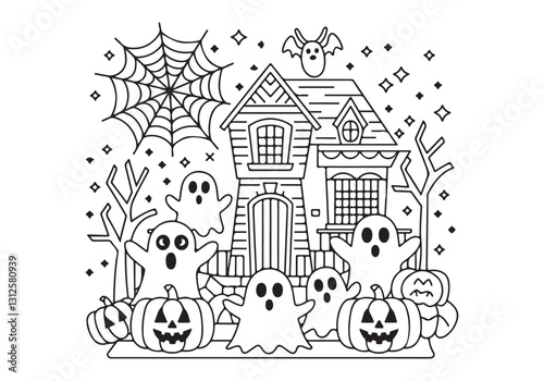 Spooky Halloween Scene: Ghosts, House, Pumpkins