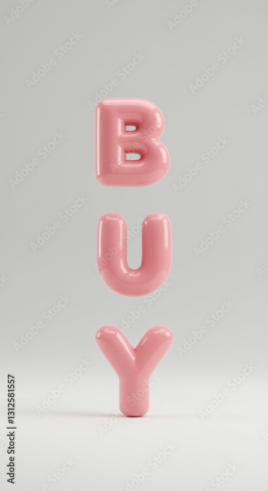 Naklejka premium Pink, glossy letters spelling the word buy are stacked vertically. The soft texture and bright color create a playful and inviting visual, suitable for marketing purposes