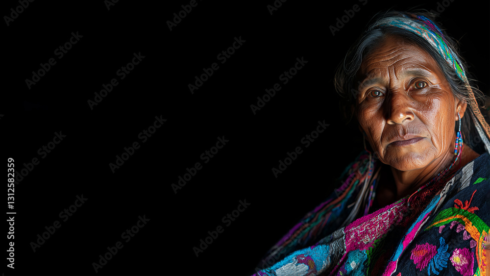 Close up portrait of mature indigenous Mexican woman in traditional dress and headscarf, intense gaze and textured features. Isolated on black background. Copy space, aspect ratio 16:9 Close up portrait of mature indigenous Mexican woman in traditional dress and headscarf, intense gaze and textured features. Isolated on black background. Copy space, aspect ratio 16:9
