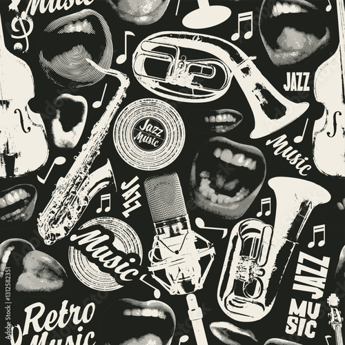 Vector seamless pattern on the theme of retro jazz music with singing mouths, vinyl records and musical instruments. Vector background, suitable for Wallpaper, wrapping paper, fabric