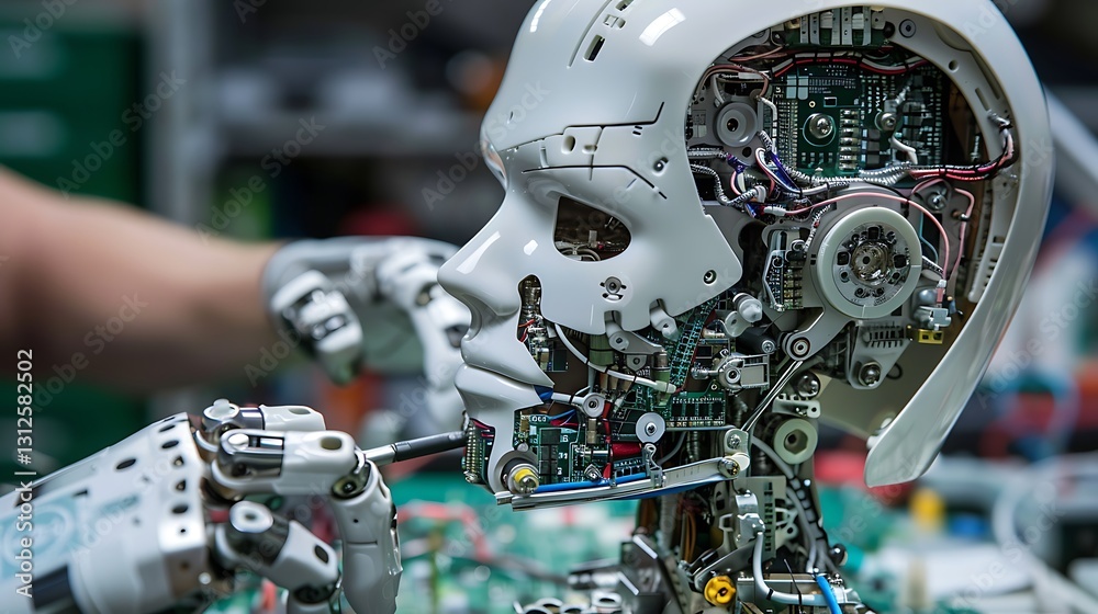 A robotics engineer assembling a humanoid robot, with detailed mechanical parts and circuits displayed A robotics engineer assembling a humanoid robot, with detailed mechanical parts and circuits displayed