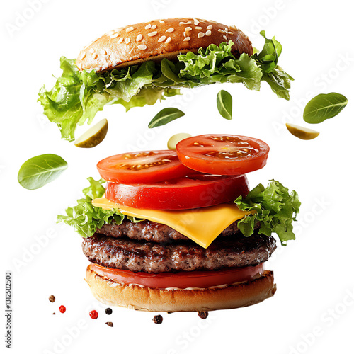 A Burger Bun Flying Open with Lettuce Isolated on Transparent Background
