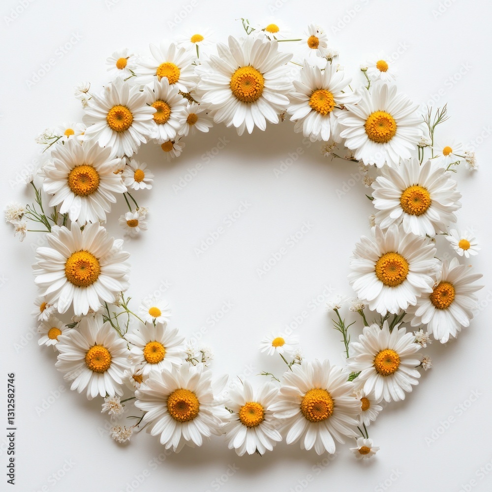 Obraz premium A beautiful wreath crafted from fresh daisies showcases bright white petals and yellow centers, creating a charming decor piece
