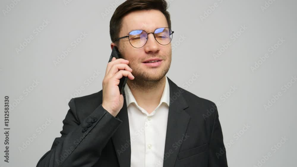 Business professional smiling while on a phone call in a modern office setting during the day Business professional smiling while on a phone call in a modern office setting during the day
