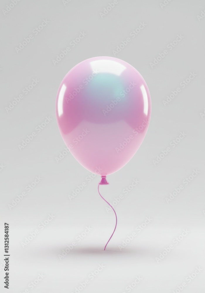 A single, inflated, pink, balloon floats against a light grey, solid background. The balloon is attached to a pink string. A single, inflated, pink, balloon floats against a light grey, solid background. The balloon is attached to a pink string.