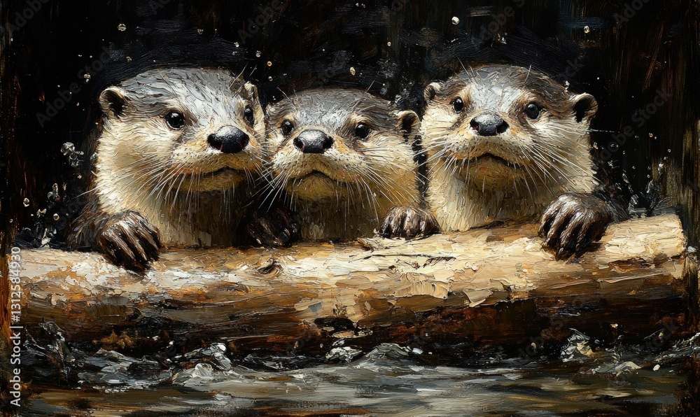 Three otters peek from river log, curious gaze. Three otters peek from river log, curious gaze.