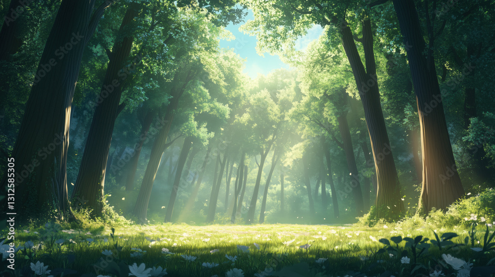 Naklejka premium Vibrant Summer Forest with Straight, Tall Trees Illuminated by Bright Sun, Open Space Under Trees Ideal for Adding Custom Content