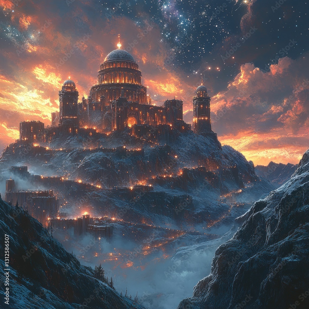 Obraz premium Majestic mountaintop castle ablaze sunset sky