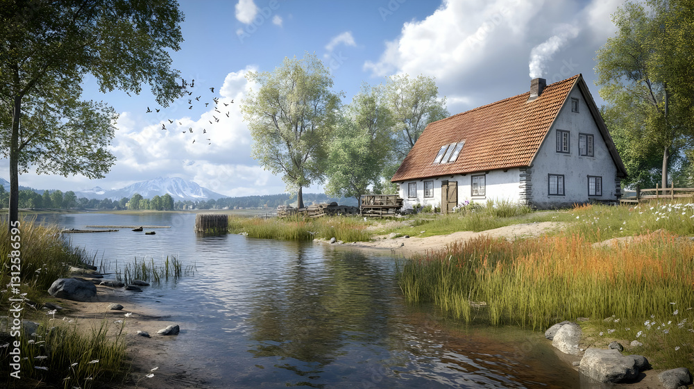 Rustic Lakeside House in Sunny Mountain Landscape Rustic Lakeside House in Sunny Mountain Landscape