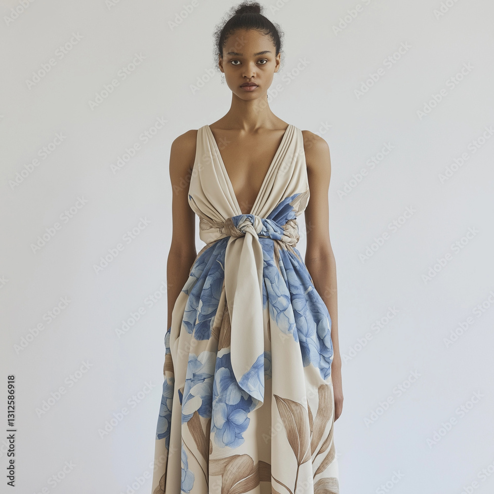Elegant Beige Floral Dress, Knotted Waist, Fashion Model, Studio Shot Elegant Beige Floral Dress, Knotted Waist, Fashion Model, Studio Shot