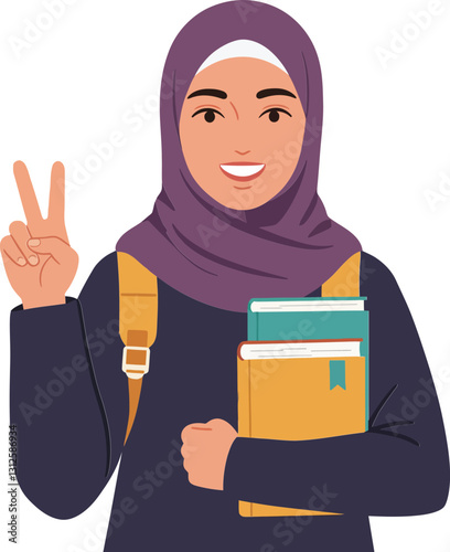 A cheerful young woman in a hijab holding books and flashing a peace sign in a minimal vector illustration style, exuding confidence and positivity in her academic journey vector art